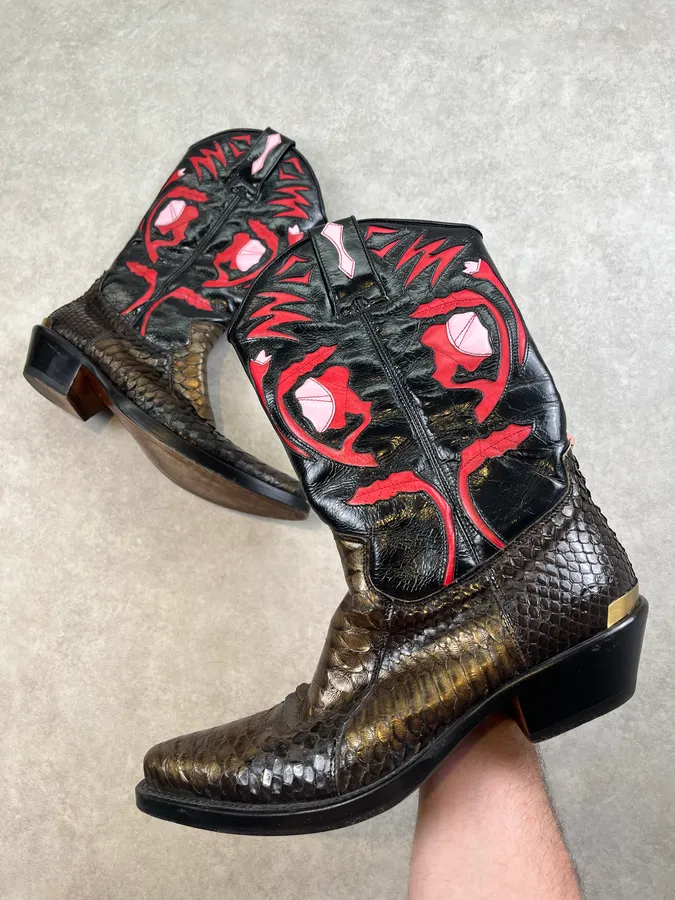 Roberto Cavalli Black Python Embroidered Western Santiag Boots
