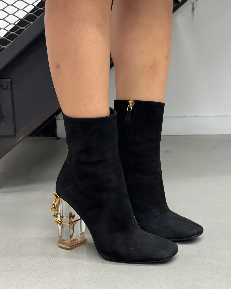 Roberto Cavalli Black Suede Heel Floral Embellished Ankle Boots