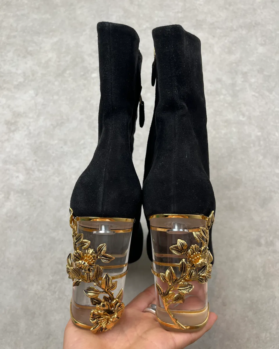 Roberto Cavalli Black Suede Heel Floral Embellished Ankle Boots - Image 6