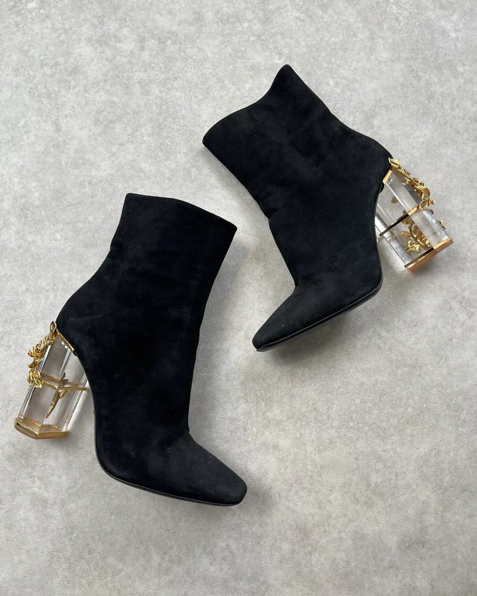 Roberto Cavalli Black Suede Heel Floral Embellished Ankle Boots - Image 7