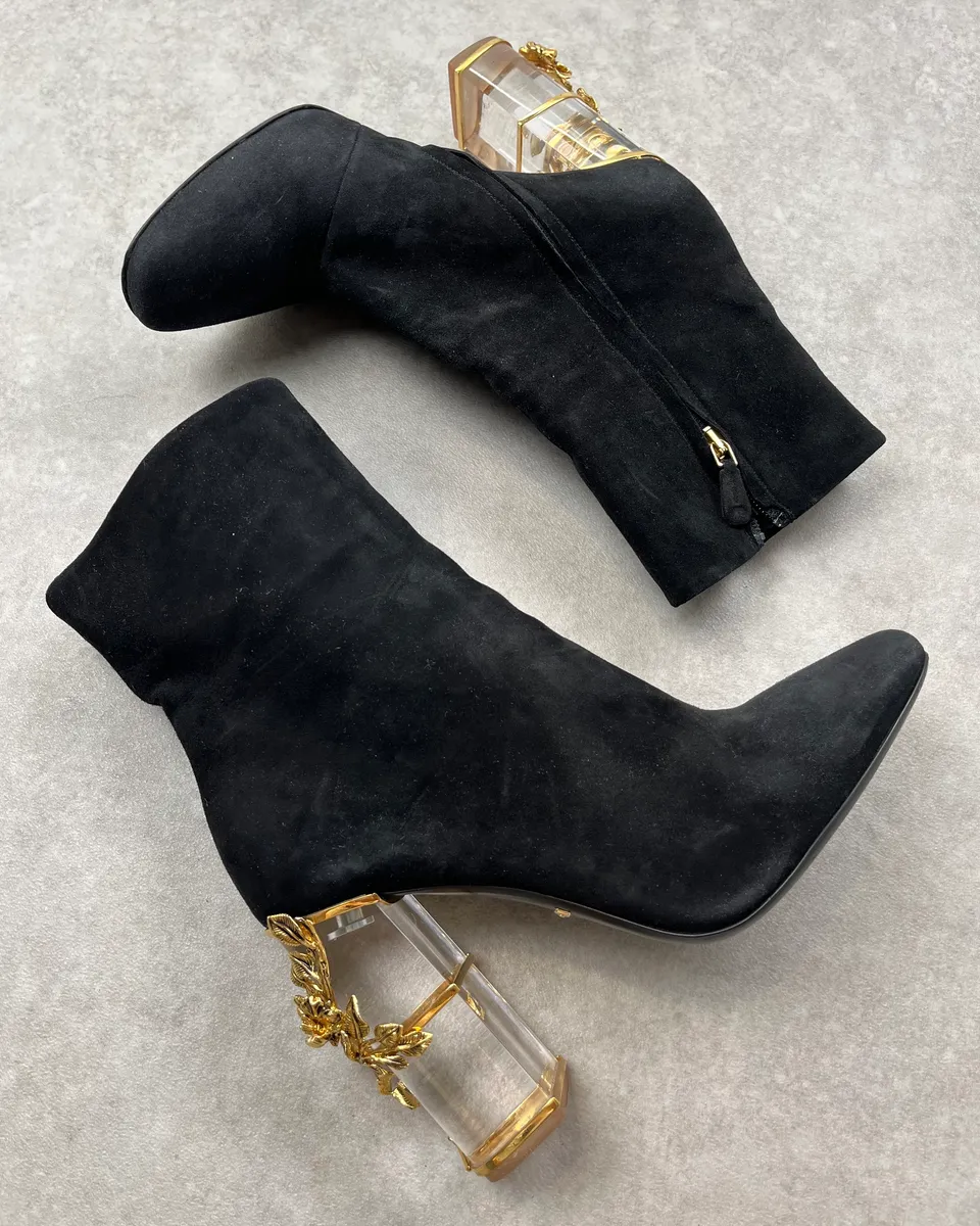 Roberto Cavalli Black Suede Heel Floral Embellished Ankle Boots - Image 9