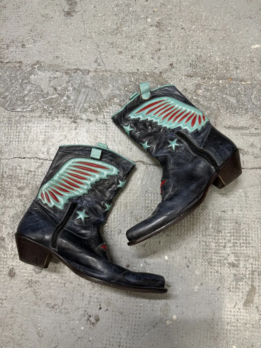 Roberto Cavalli Blue Aviator Wings Leather Santiags Boots - Image 4