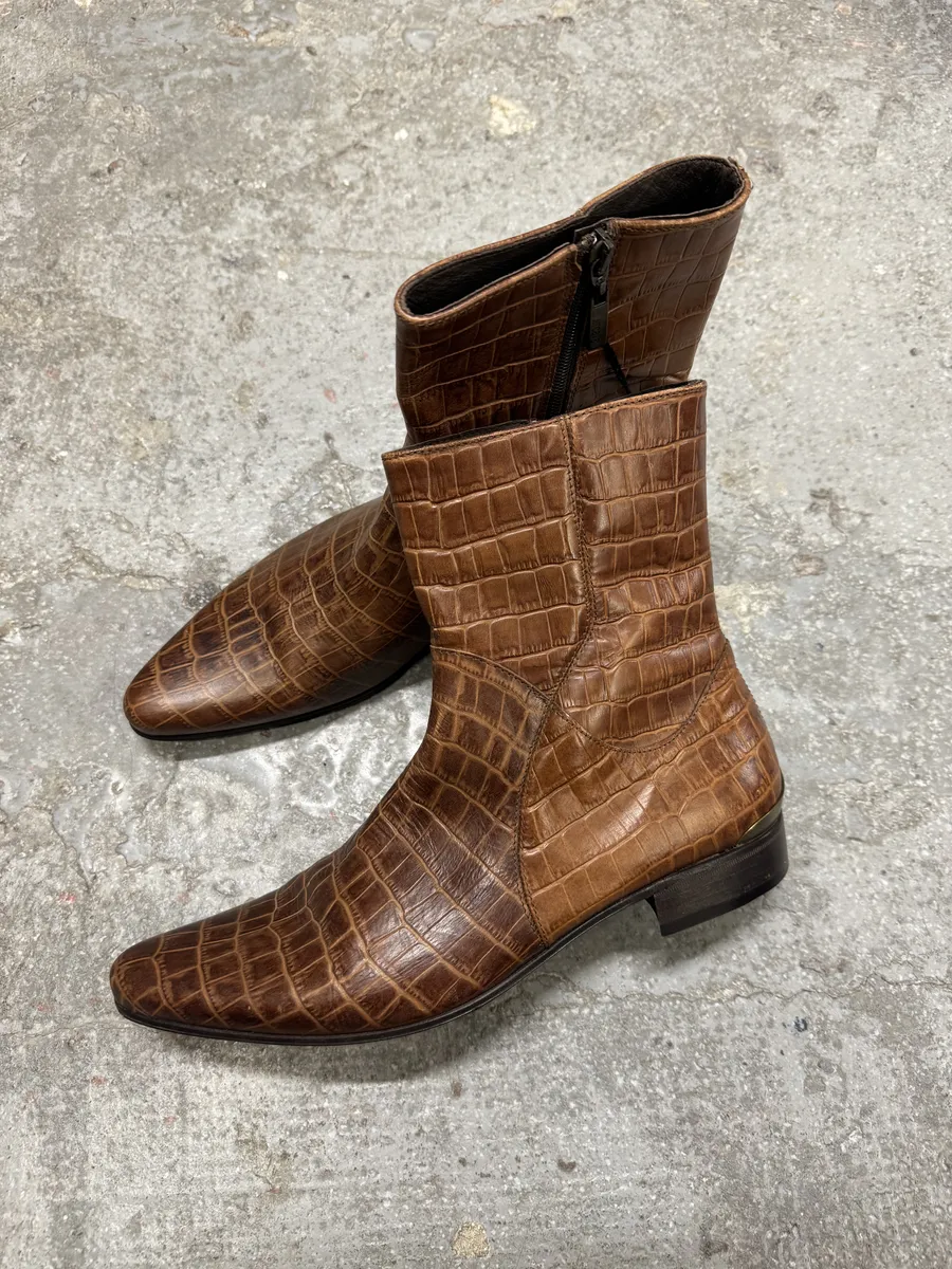 Roberto Cavalli Brown Embossed Crocodile Leather Boots - Image 2