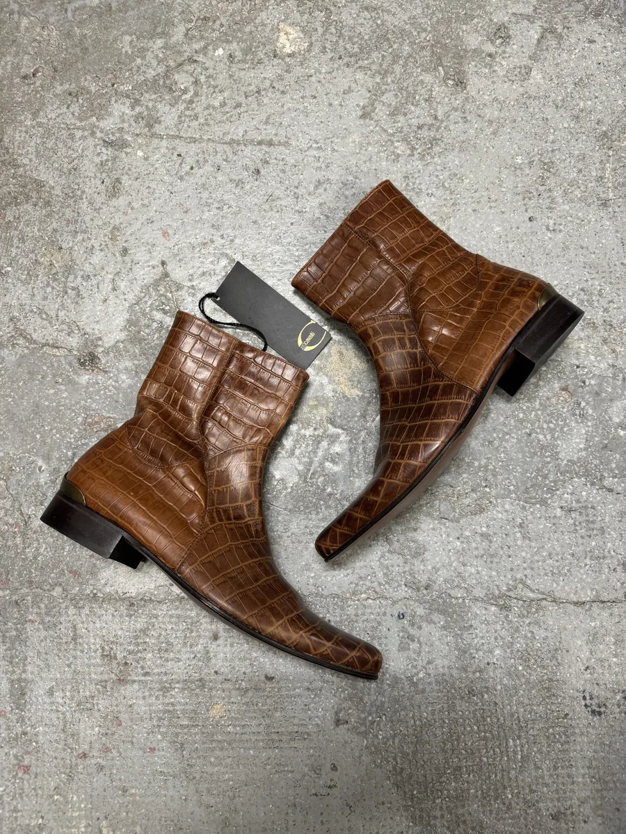 Roberto Cavalli Brown Embossed Crocodile Leather Boots - Image 3