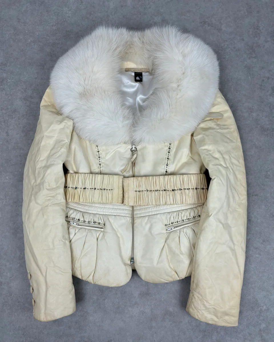 Roberto Cavalli Cream Fur Collar  Leather Jacket