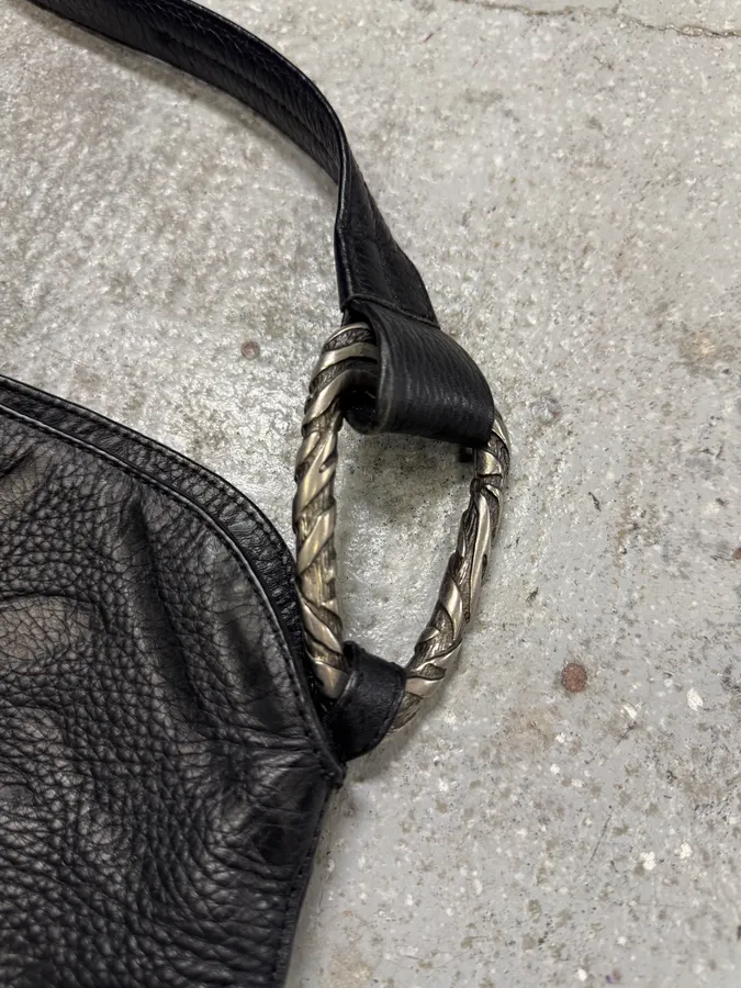 Roberto Cavalli Feather Black Grained Leather Handle Bag - Image 4