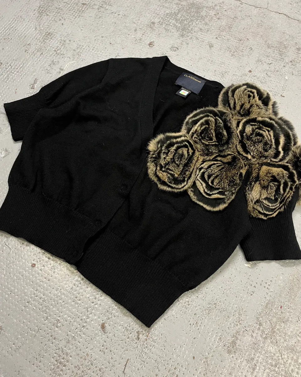 Roberto Cavalli Fur Roses Black Wool Short Sleeves Cardigan - Image 4