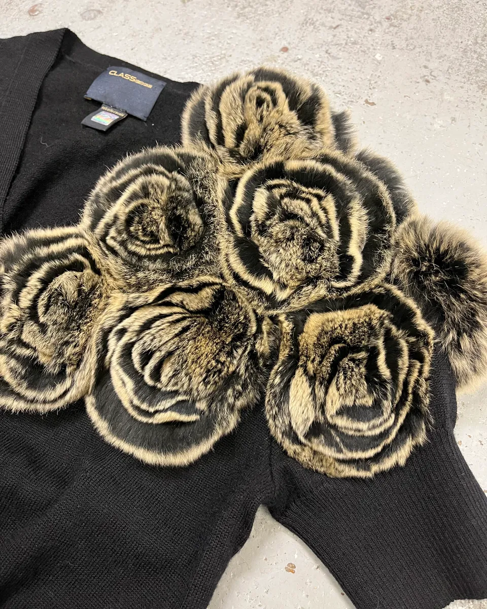 Roberto Cavalli Fur Roses Black Wool Short Sleeves Cardigan - Image 6