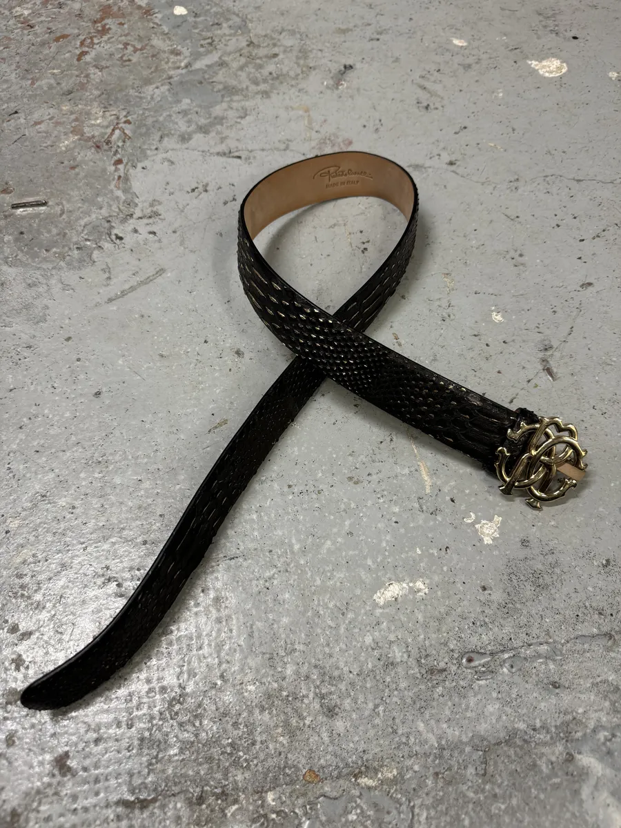Roberto Cavalli Gold Buckle Python Embossed Leather Grey Belt - Image 8