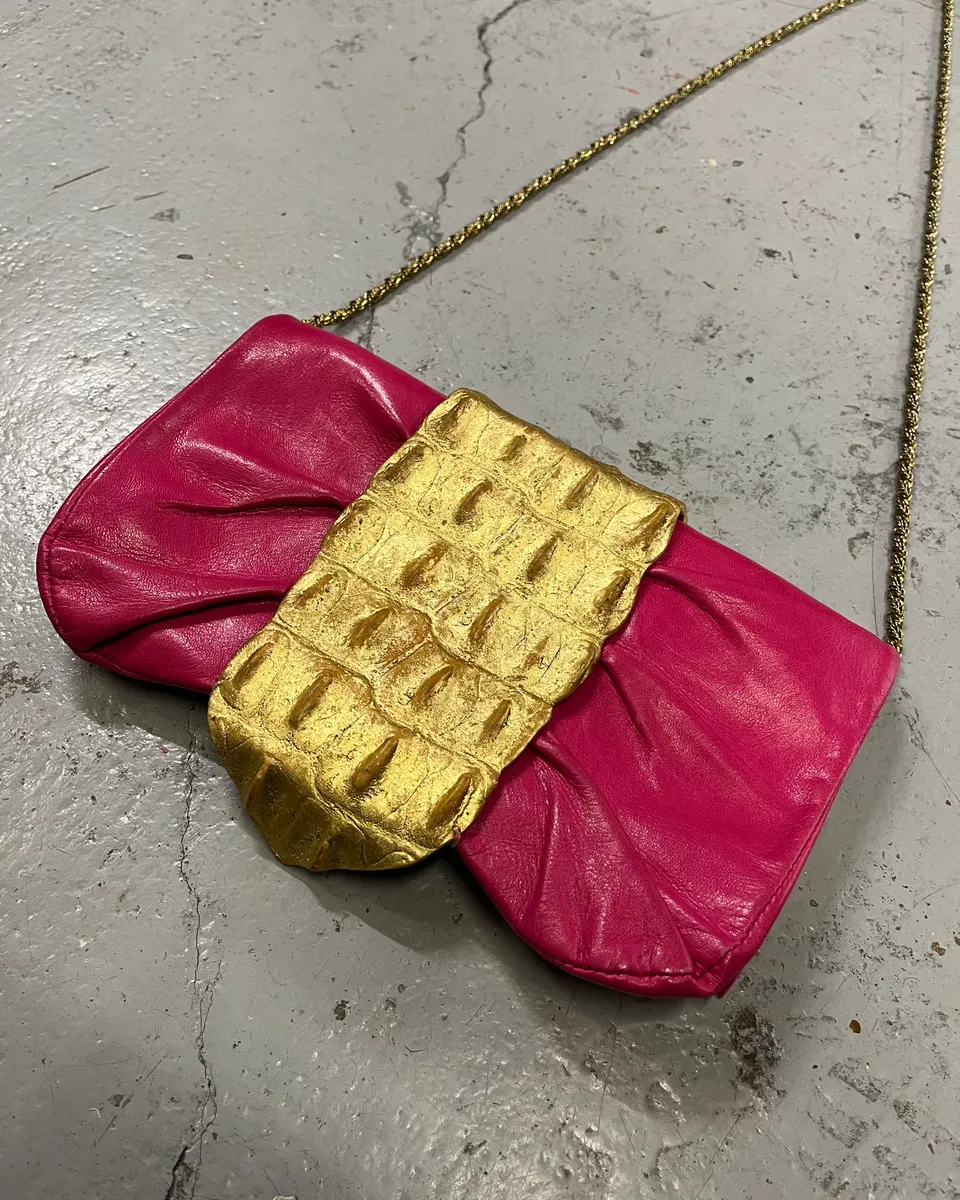 Roberto Cavalli Gold Crocodile Embossed Clutch Fushia Leather Bag - Image 5