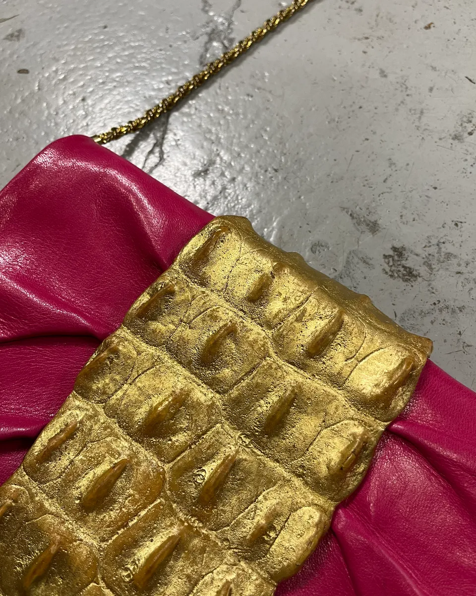 Roberto Cavalli Gold Crocodile Embossed Clutch Fushia Leather Bag - Image 6