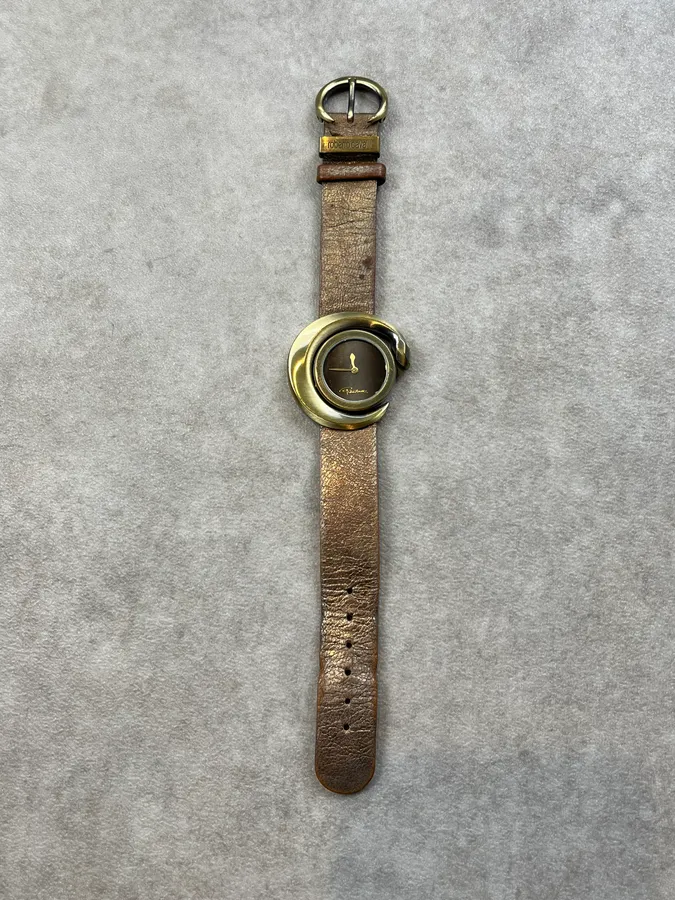 Roberto Cavalli Gold Leather Rotating Bezel Watch