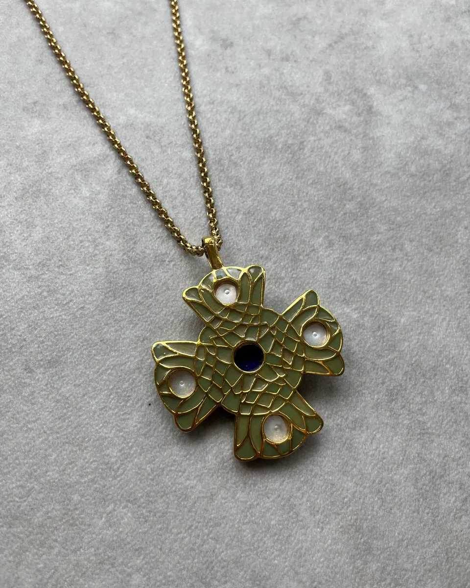 Roberto Cavalli Gold Metal Cross Pearl Enamel Necklace - Image 5