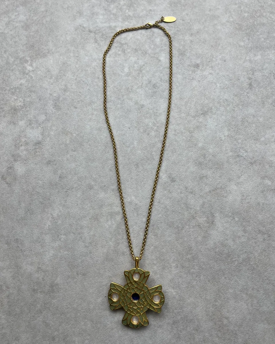 Roberto Cavalli Gold Metal Cross Pearl Enamel Necklace - Image 6