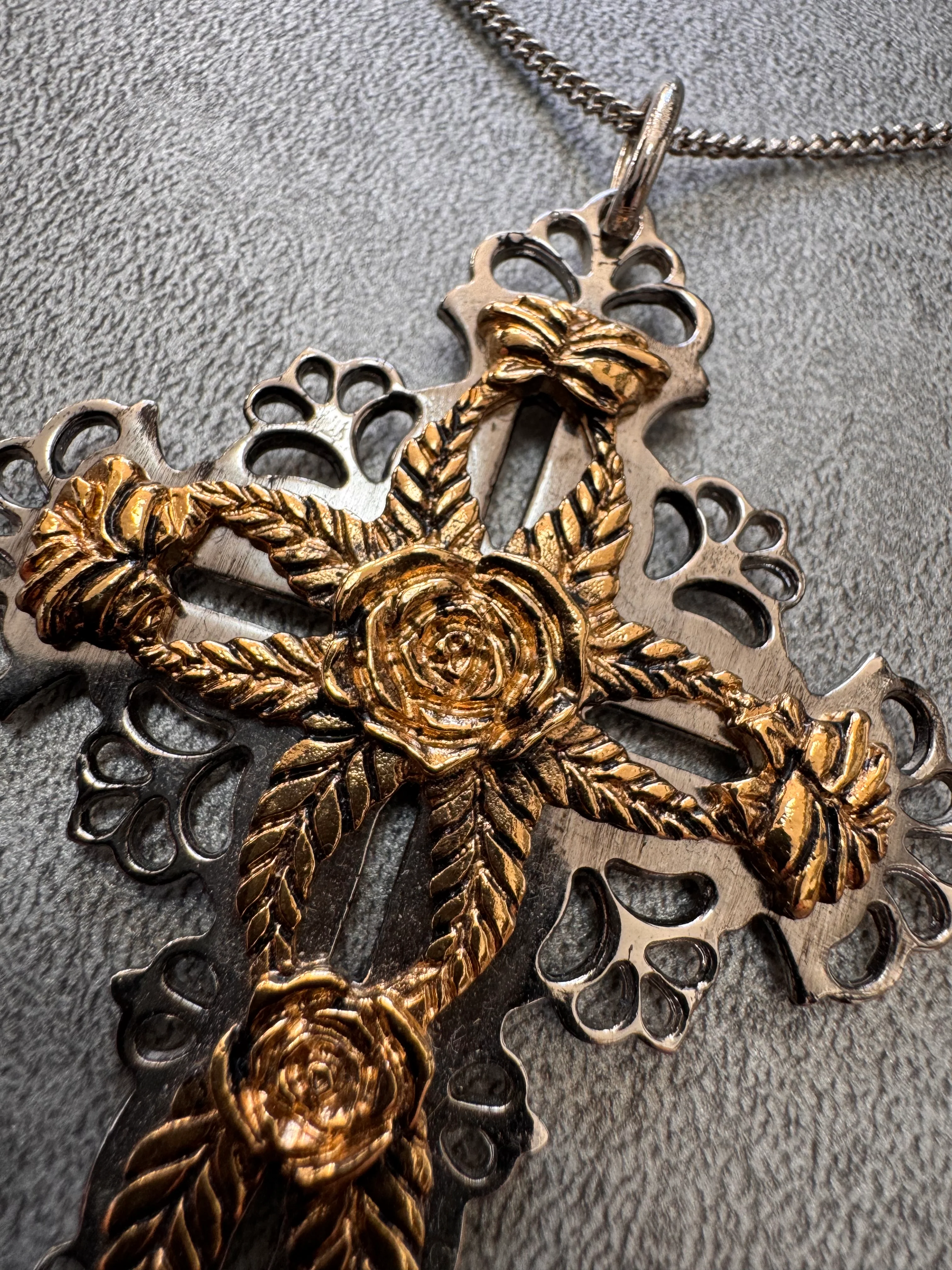 Roberto Cavalli Golden Roses Cross Pendant Stainless Necklace - Image 3