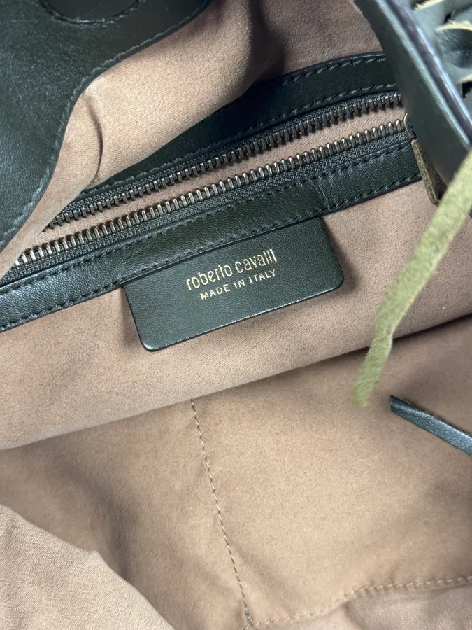 Roberto Cavalli Khaki Leather Full Fringe Handle Bag - Image 9