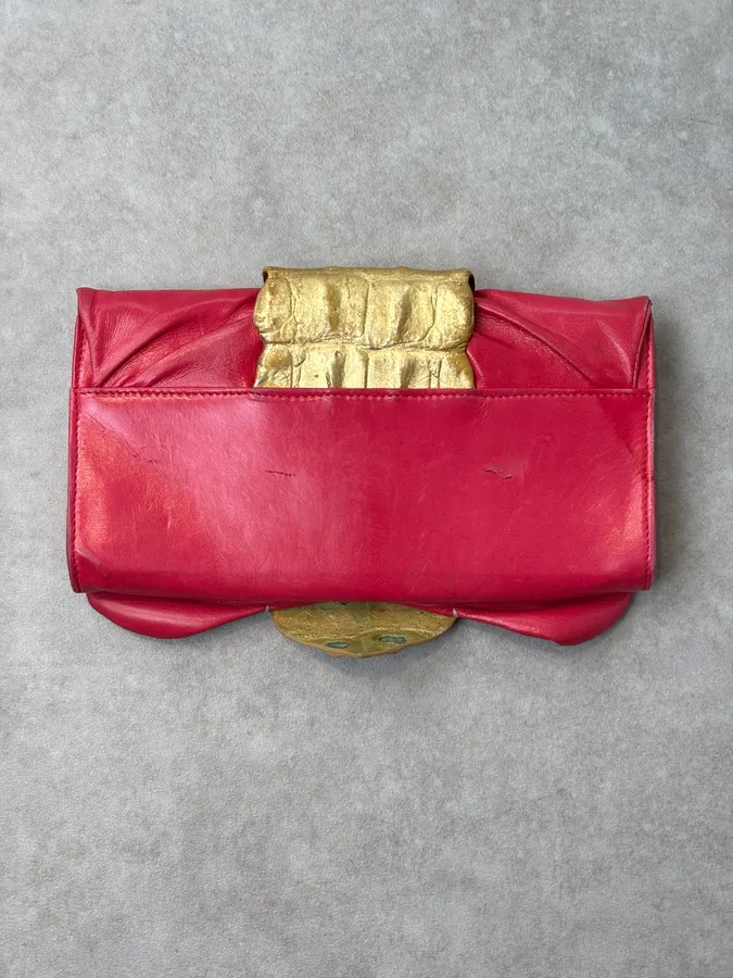 Roberto Cavalli Pink Leather Clutch Gold Crocodile Effect Clasp Bag - Image 5
