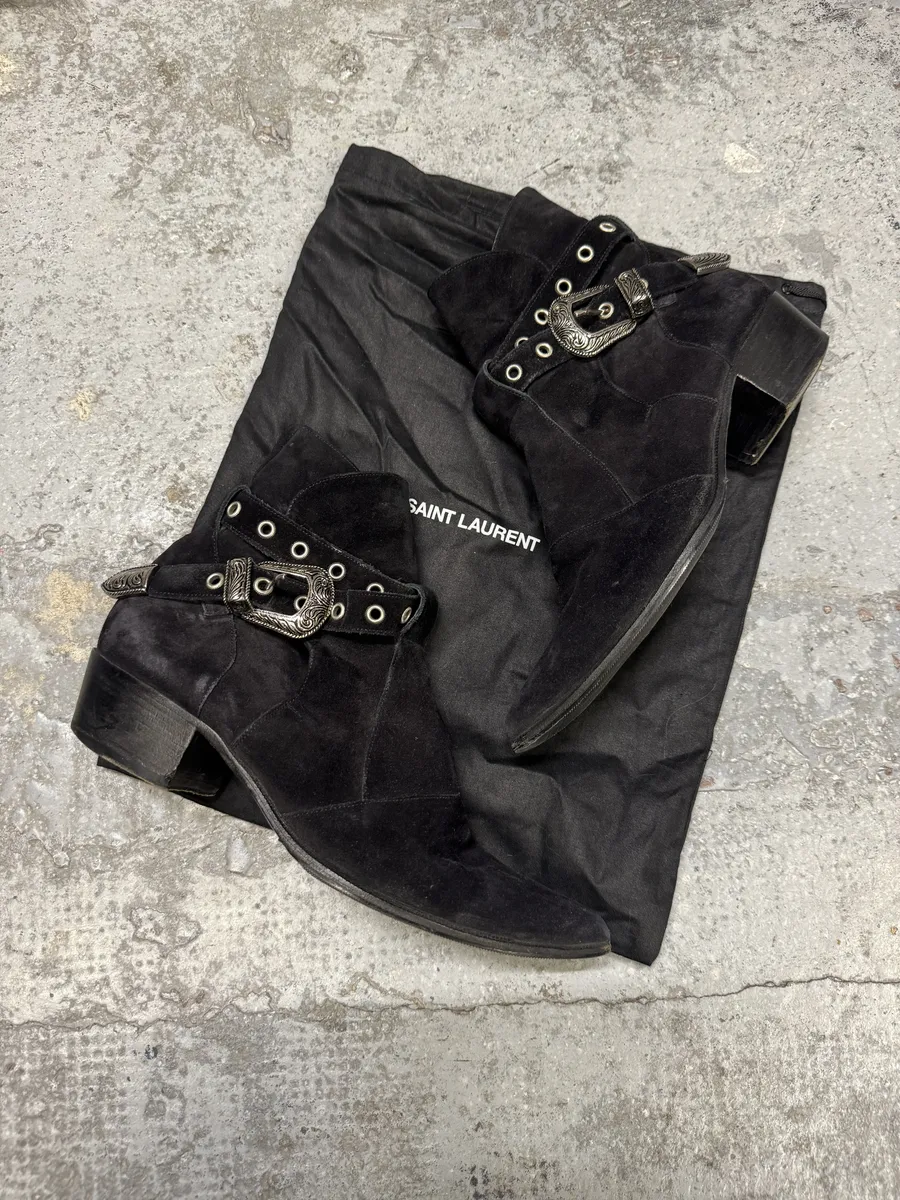 S2014 Saint Laurent Cowboy Buckle Black Suede Leather Boots - Image 3