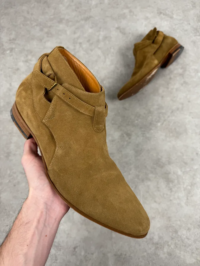 Saint Laurent Beige Suede Leather Buckle Boots