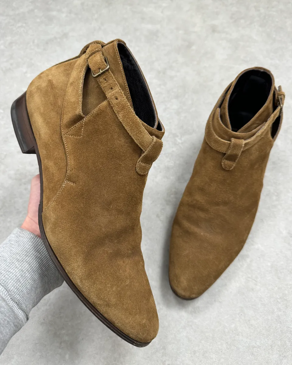 Saint Laurent Buckle Strap Camel Suede Chelsea Boot