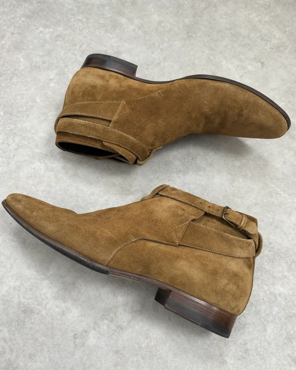 Saint Laurent Buckle Strap Camel Suede Chelsea Boot - Image 4