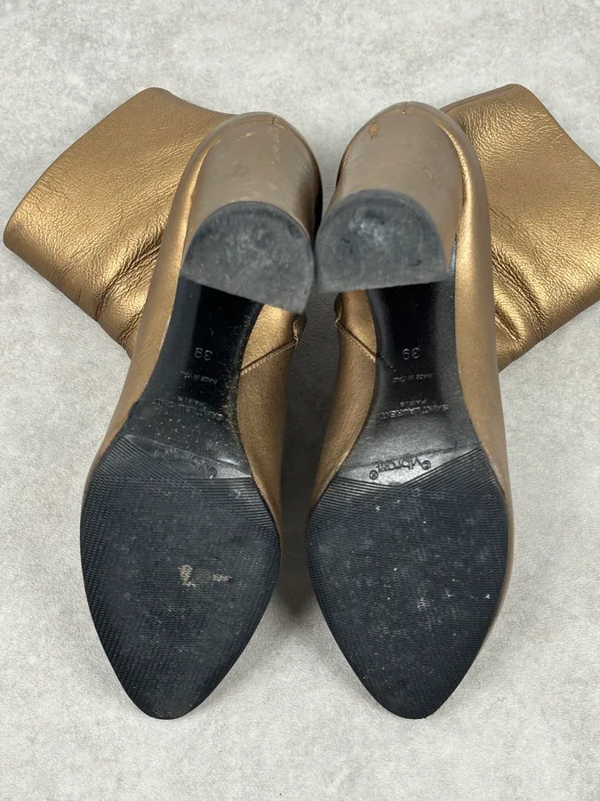 Saint Laurent Gold Leather Ruched Block Heel Bootie - Image 13