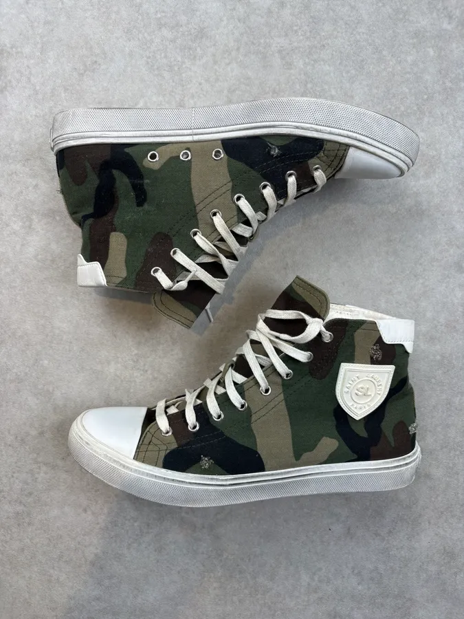 Saint Laurent Green Canvas Camo High Sneakers - Image 4