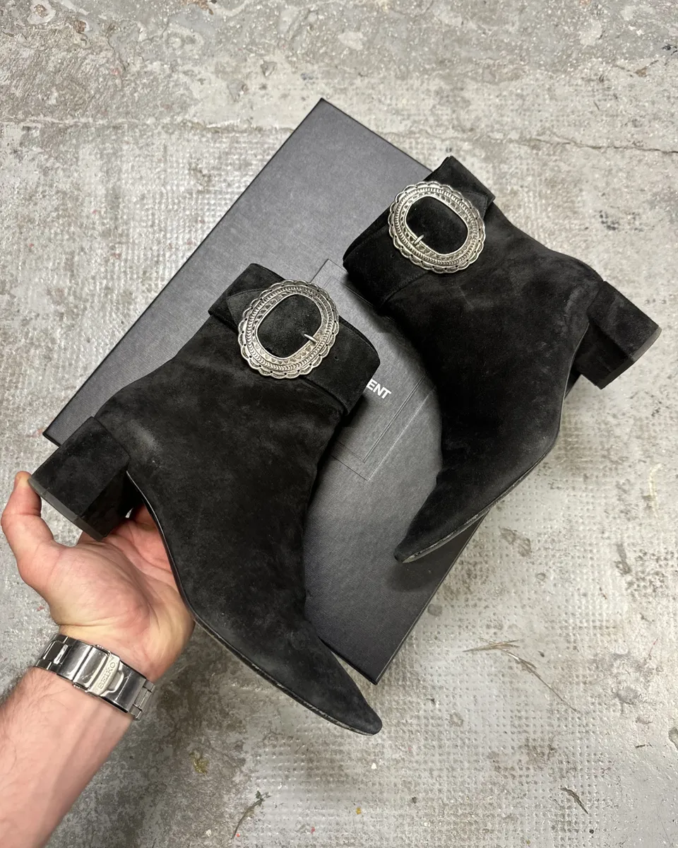 Saint Laurent Navy Suede Ankle Metallic Buckle Boots