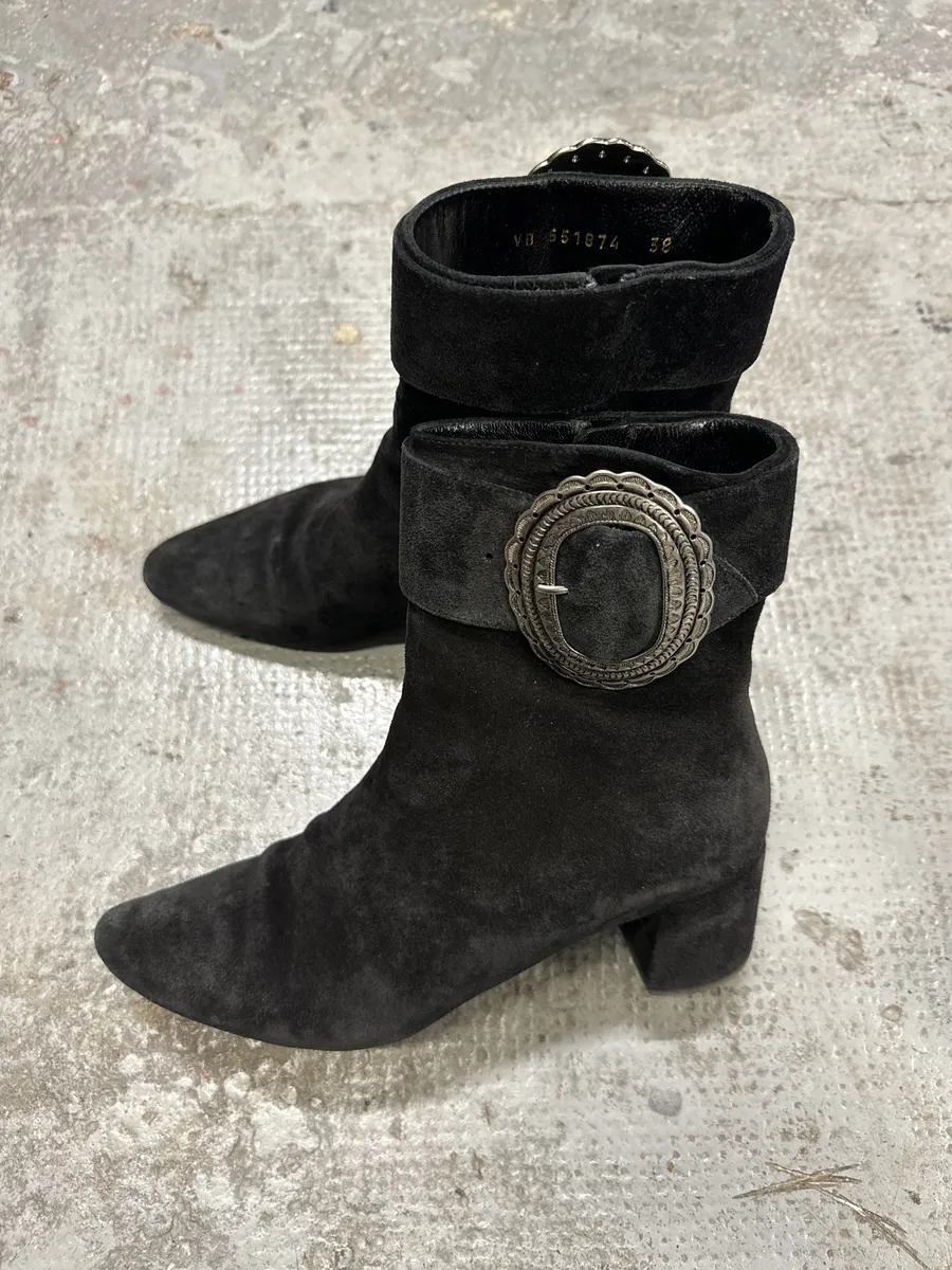 Saint Laurent Navy Suede Ankle Metallic Buckle Boots - Image 3
