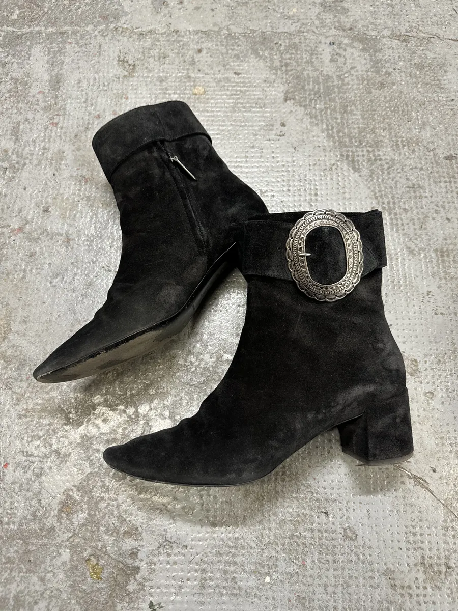 Saint Laurent Navy Suede Ankle Metallic Buckle Boots - Image 8