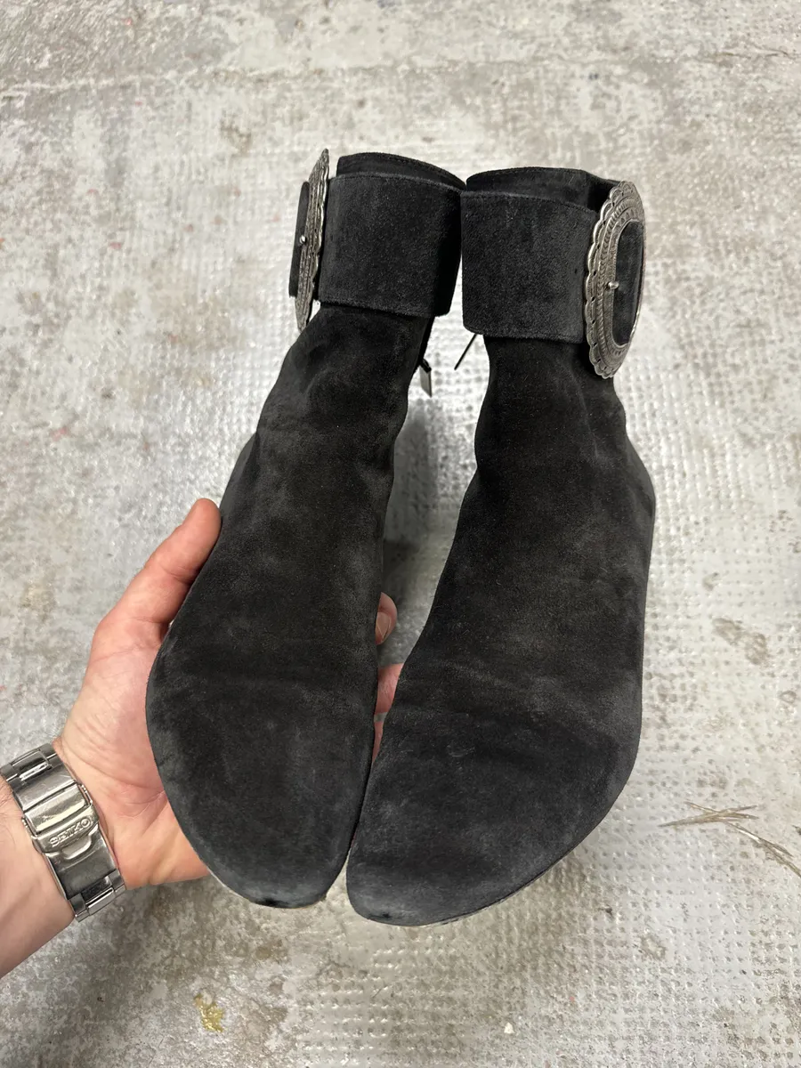 Saint Laurent Navy Suede Ankle Metallic Buckle Boots - Image 9