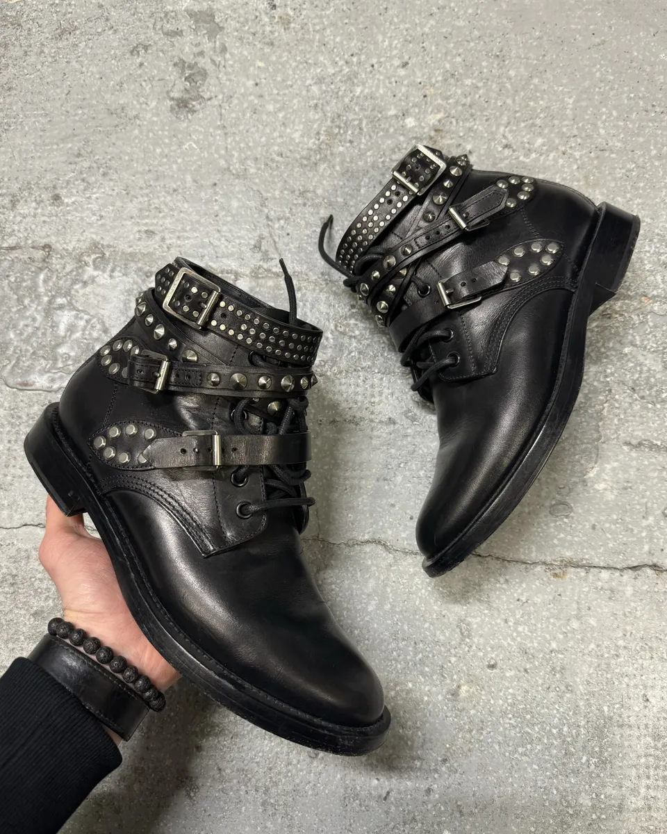 Saint Laurent Signature Rangers Studded Black Leather Boots