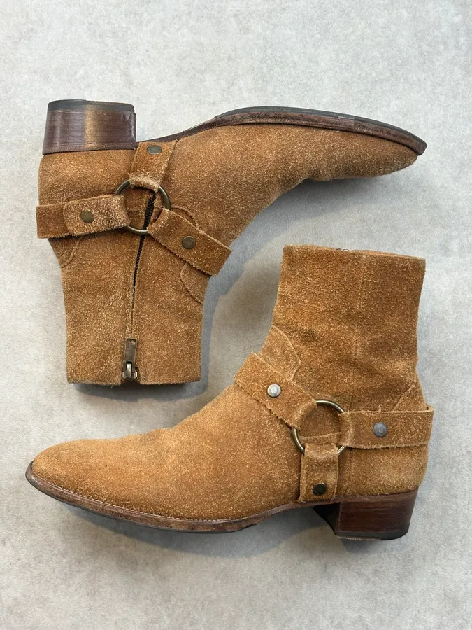 Saint Laurent Tan Camel Suede Wyatt Harness Boots - Image 4