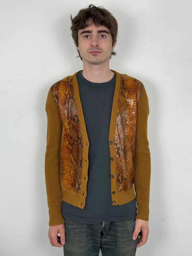Salvatore Ferragamo Camel Cashmere Python Leather Cardigan - Image 2