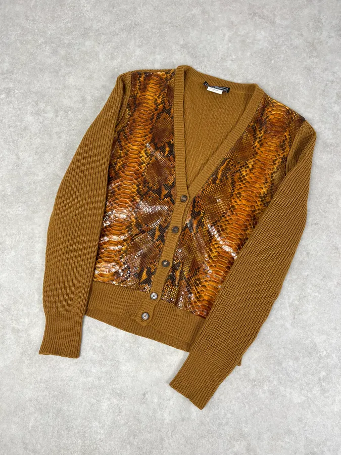 Salvatore Ferragamo Camel Cashmere Python Leather Cardigan - Image 4