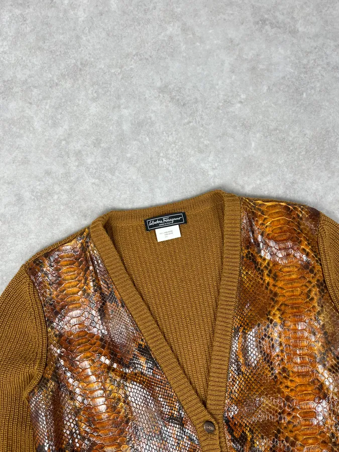 Salvatore Ferragamo Camel Cashmere Python Leather Cardigan - Image 5