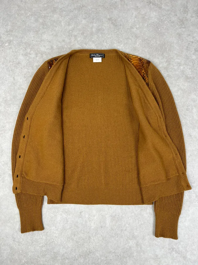 Salvatore Ferragamo Camel Cashmere Python Leather Cardigan - Image 8