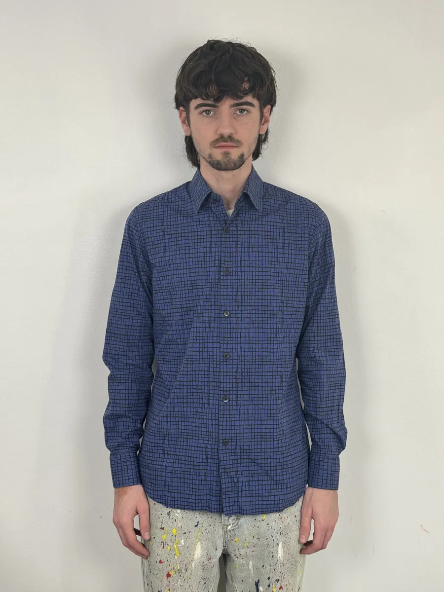 SS02018 Prada Blue & Black Checkered Abstract Shirt - Image 2