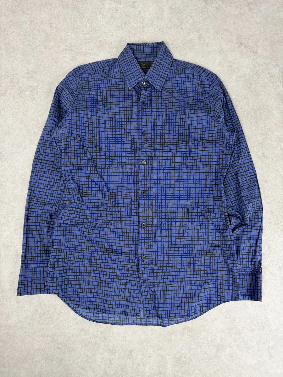 SS02018 Prada Blue & Black Checkered Abstract Shirt - Image 4