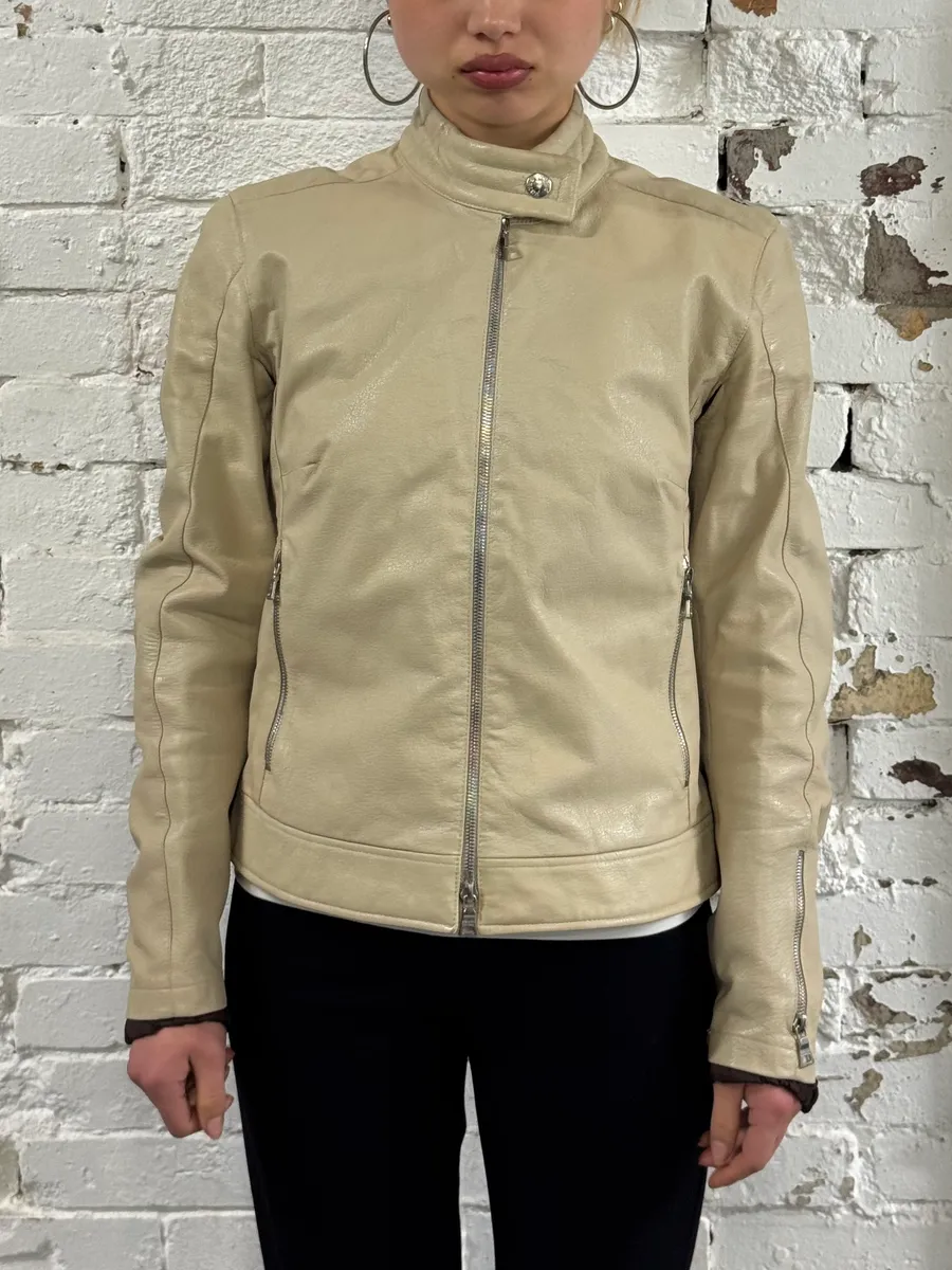 SS2000 Prada Beige Moto Padded Leather Jacket - Image 2