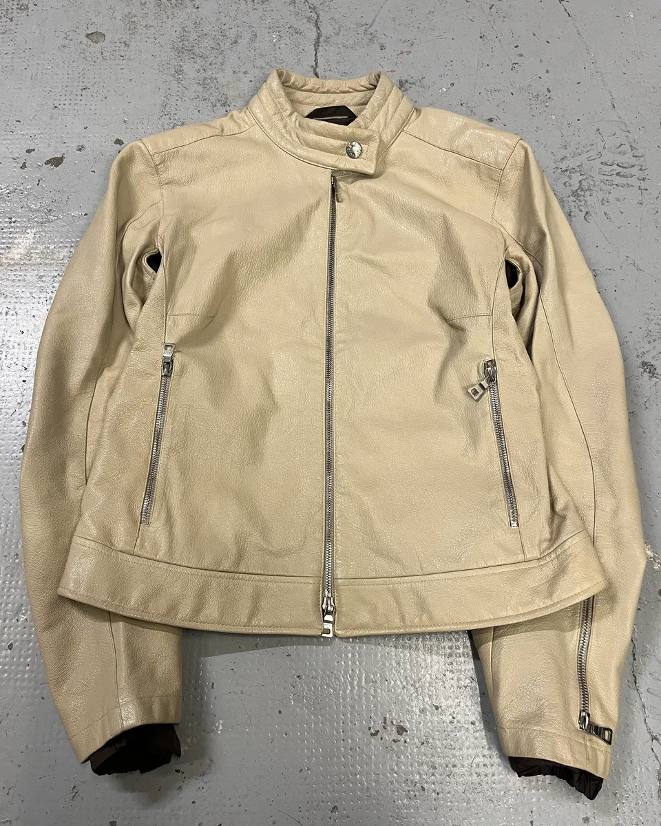 SS2000 Prada Beige Moto Padded Leather Jacket - Image 4