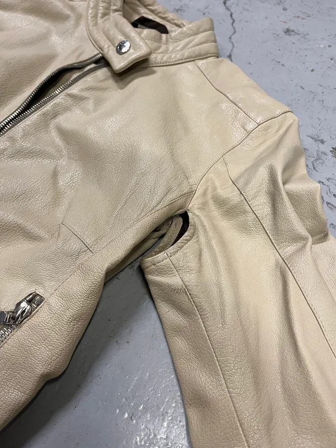 SS2000 Prada Beige Moto Padded Leather Jacket - Image 7