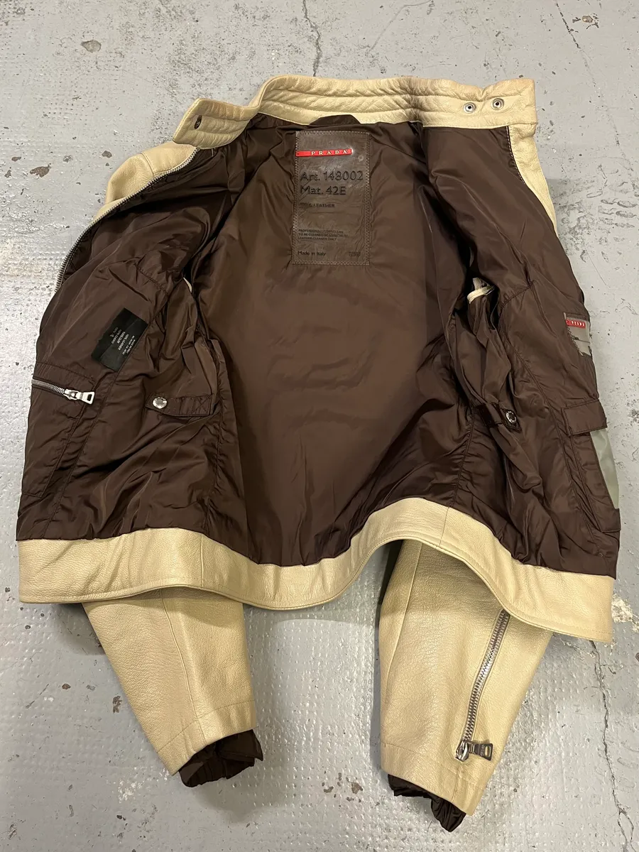 SS2000 Prada Beige Moto Padded Leather Jacket - Image 9
