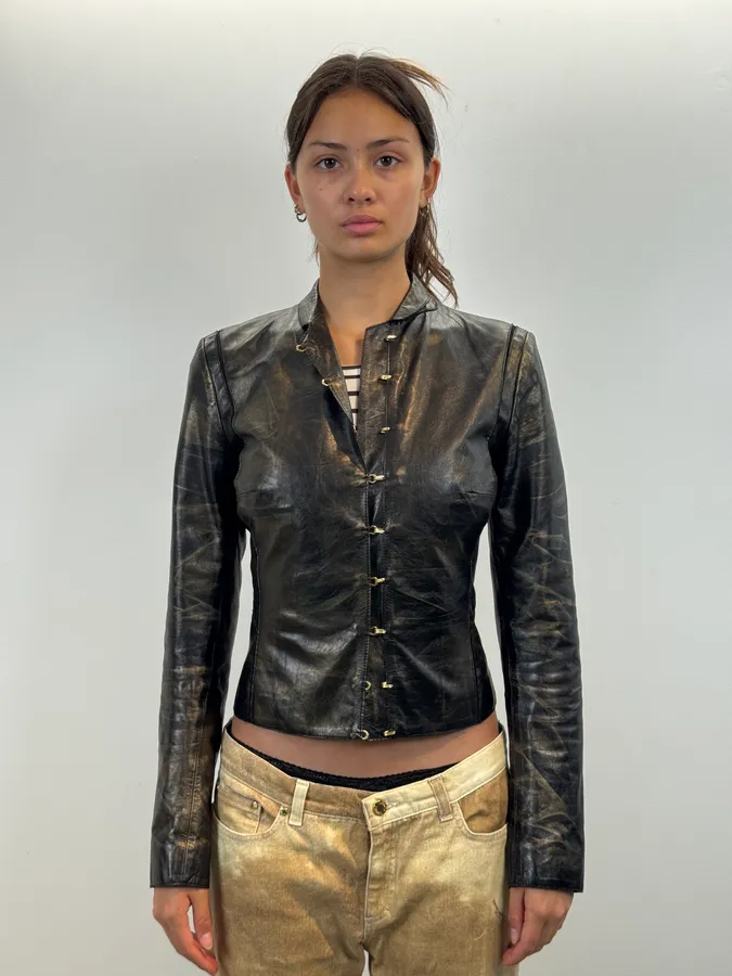 SS2001 Roberto Cavalli Black & Gold Patina Leather Biker Jacket - Image 3