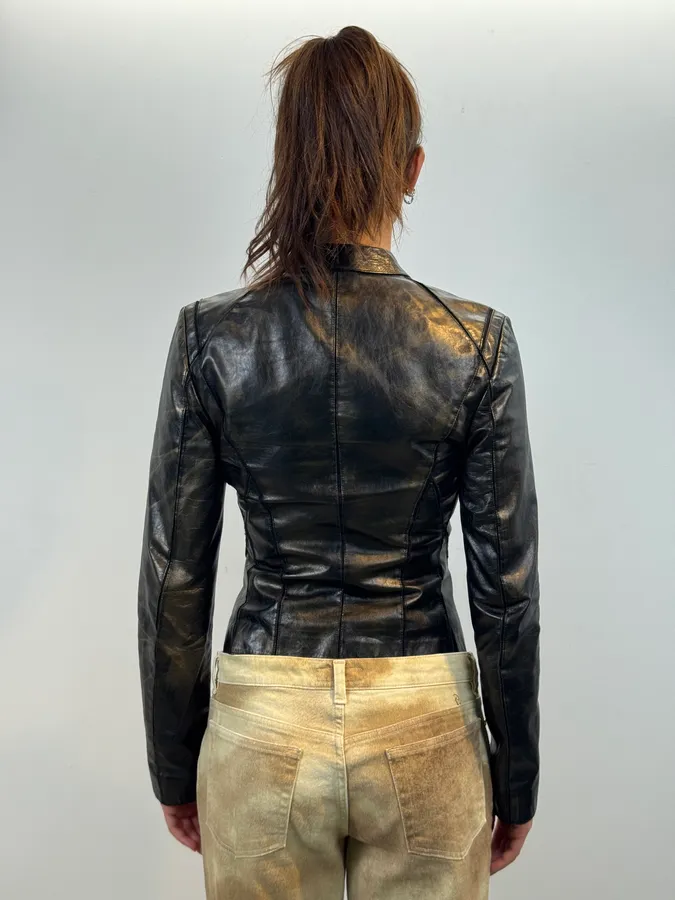 SS2001 Roberto Cavalli Black & Gold Patina Leather Biker Jacket - Image 4