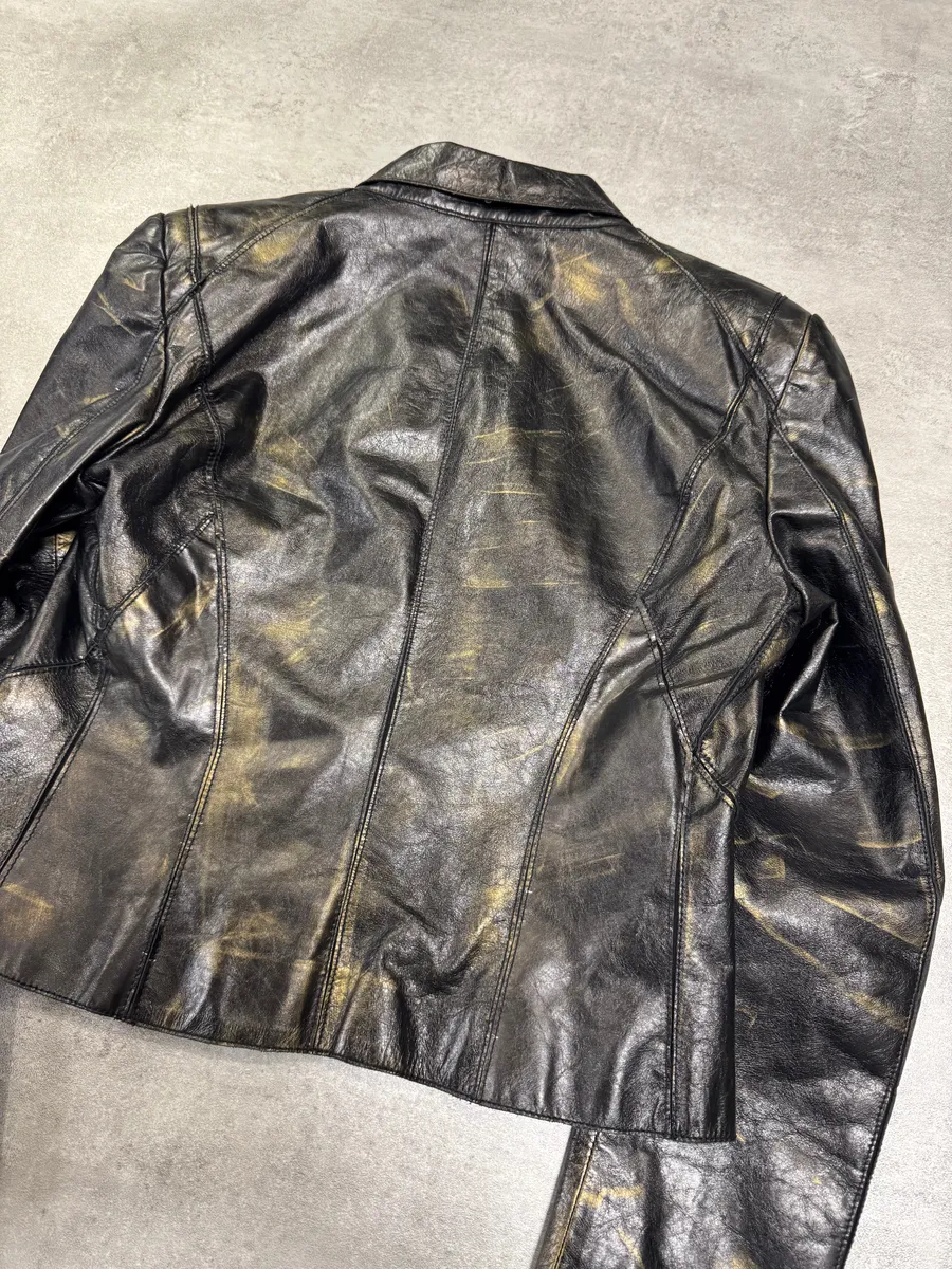 SS2001 Roberto Cavalli Black & Gold Patina Leather Biker Jacket - Image 6