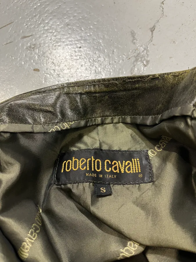 SS2001 Roberto Cavalli Eroded Olive Leather Mini Skirt - Image 9