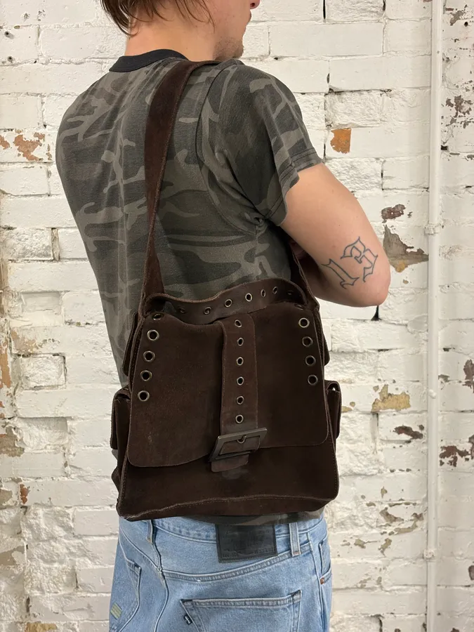 SS2002 Dolce & Gabbana Brown Suede Messenger Eyelet Bag - Image 2