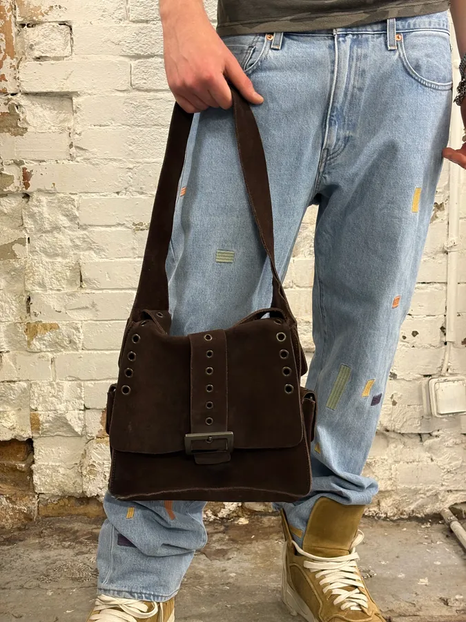 SS2002 Dolce & Gabbana Brown Suede Messenger Eyelet Bag - Image 3