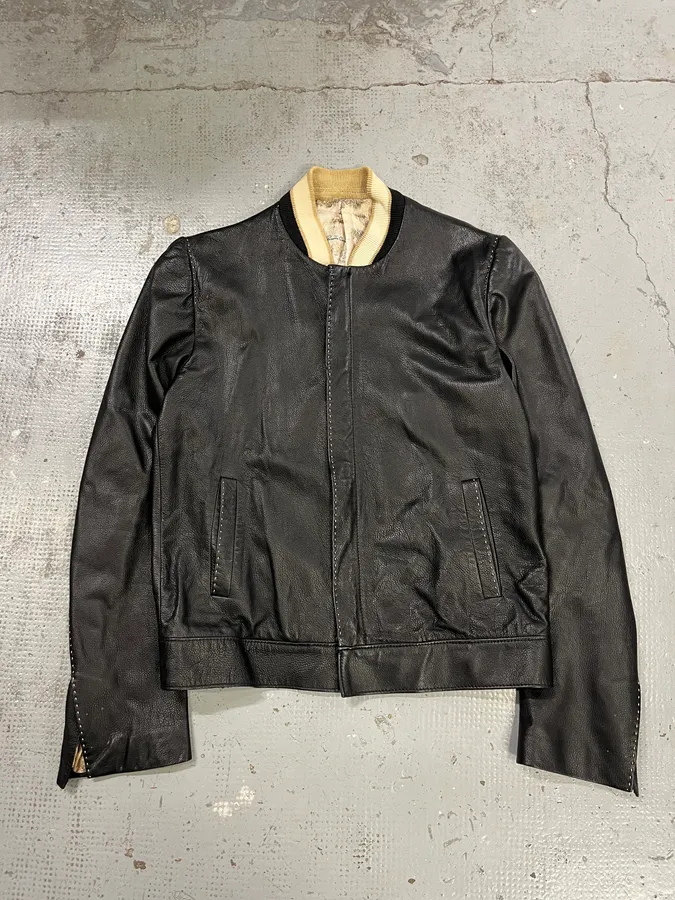 SS2002 Roberto Cavalli Black Leather Leopard Silk Lining Jacket